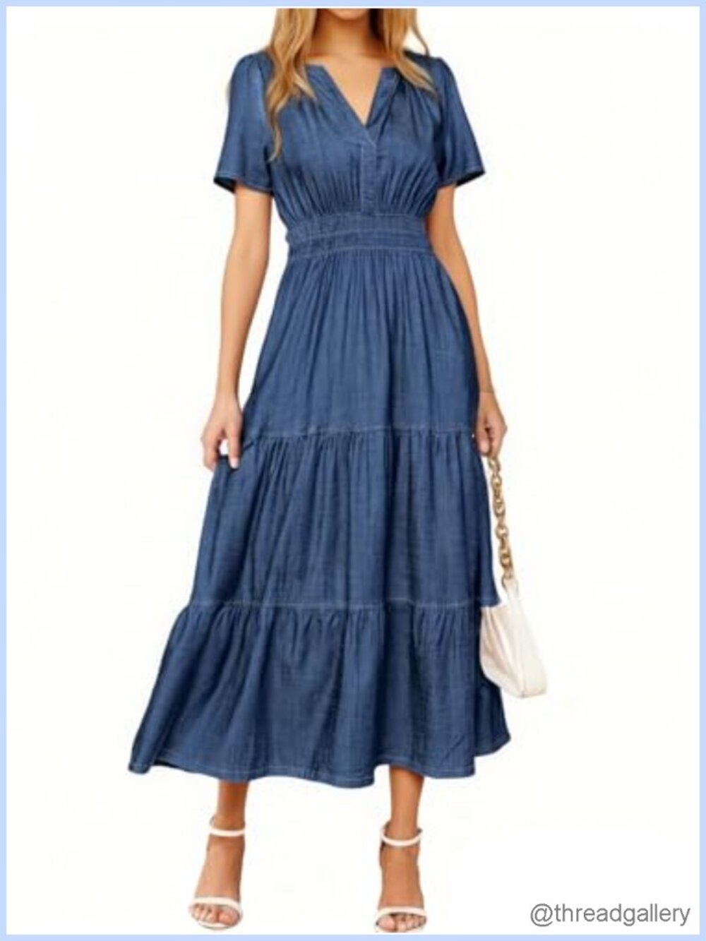 Womens Denim Maxi Dress Short Sleeve V Neck Smocked Waist Flowy Jean Dress